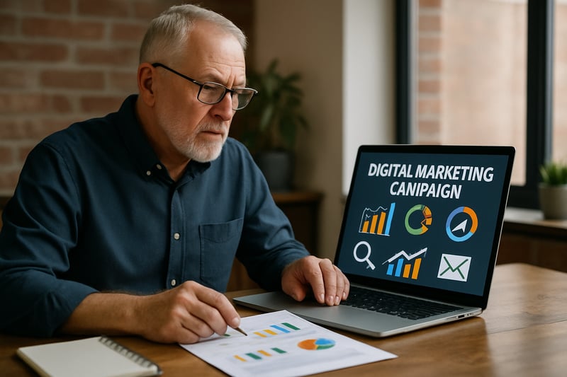 Veteran business owner working on a digital marketing campaign Veteran business owner working on a digital marketing campaign